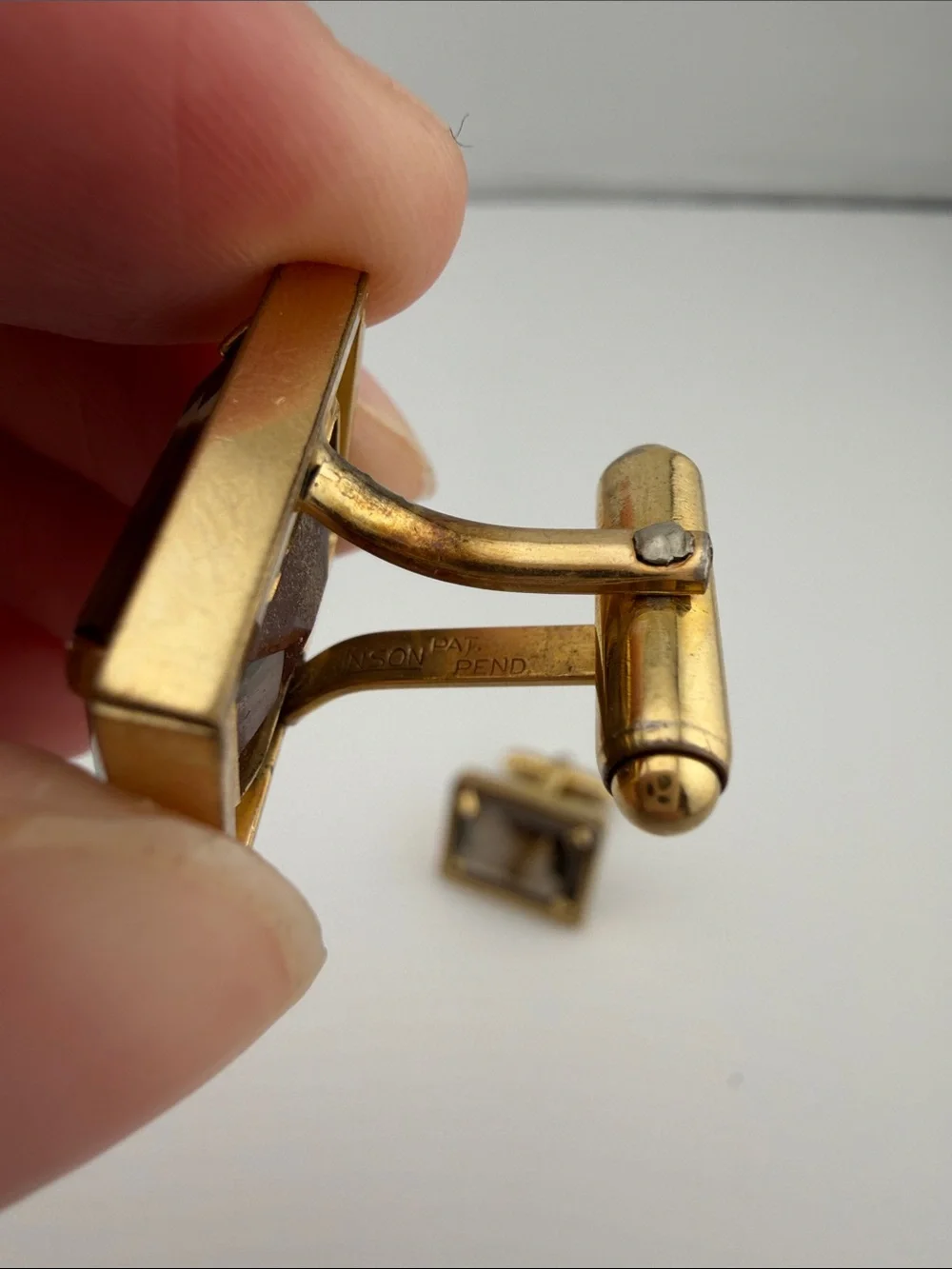 Vintage Gold-Tone Brown Rectangular Stone Cufflinks by Anson